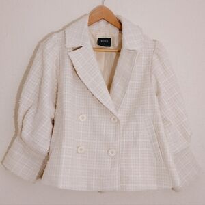 Week& Cream Double-Breasted Tweed Puff Sleeve Jacket Blazer